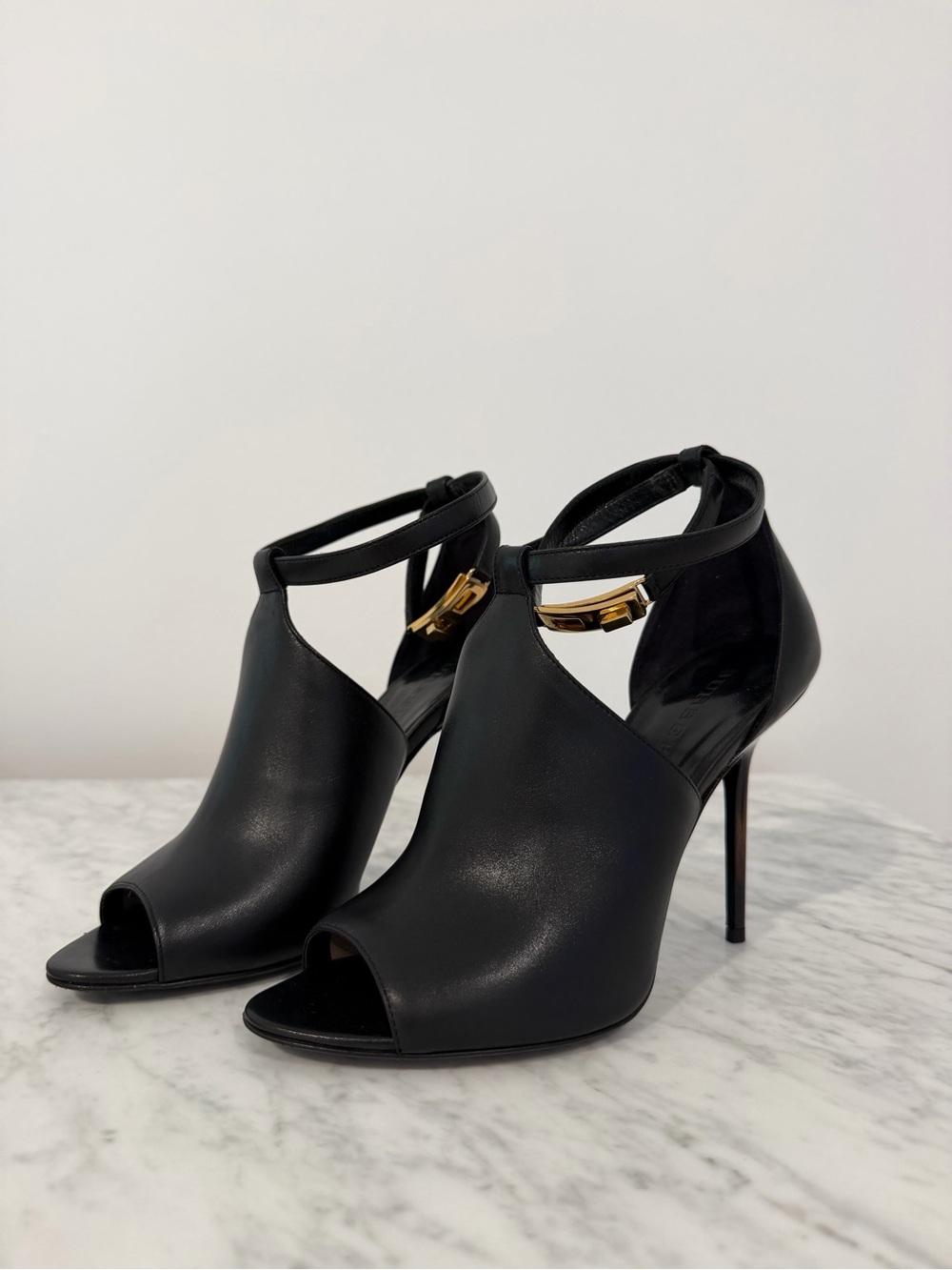 Burberry Black Peep-Toe High Heel Ankle Strap Pumps with Gold Accent 100